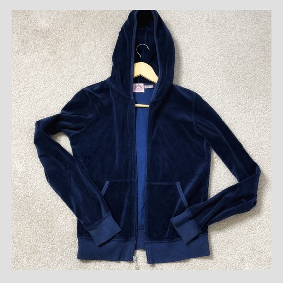 Juicy Couture Velour Hoodie Zip Up Juicy Embellished Logo On Back Navy Blue Sz L - Picture 9 of 11